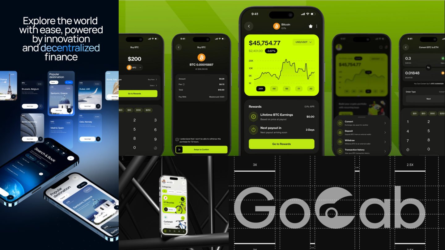 Crypto wallet app screens and the GoCab wordmark designed by BLACKOUT X