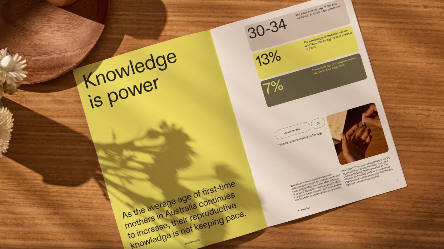 Open brochure spread with the headline Knowledge is power and statistic panels
