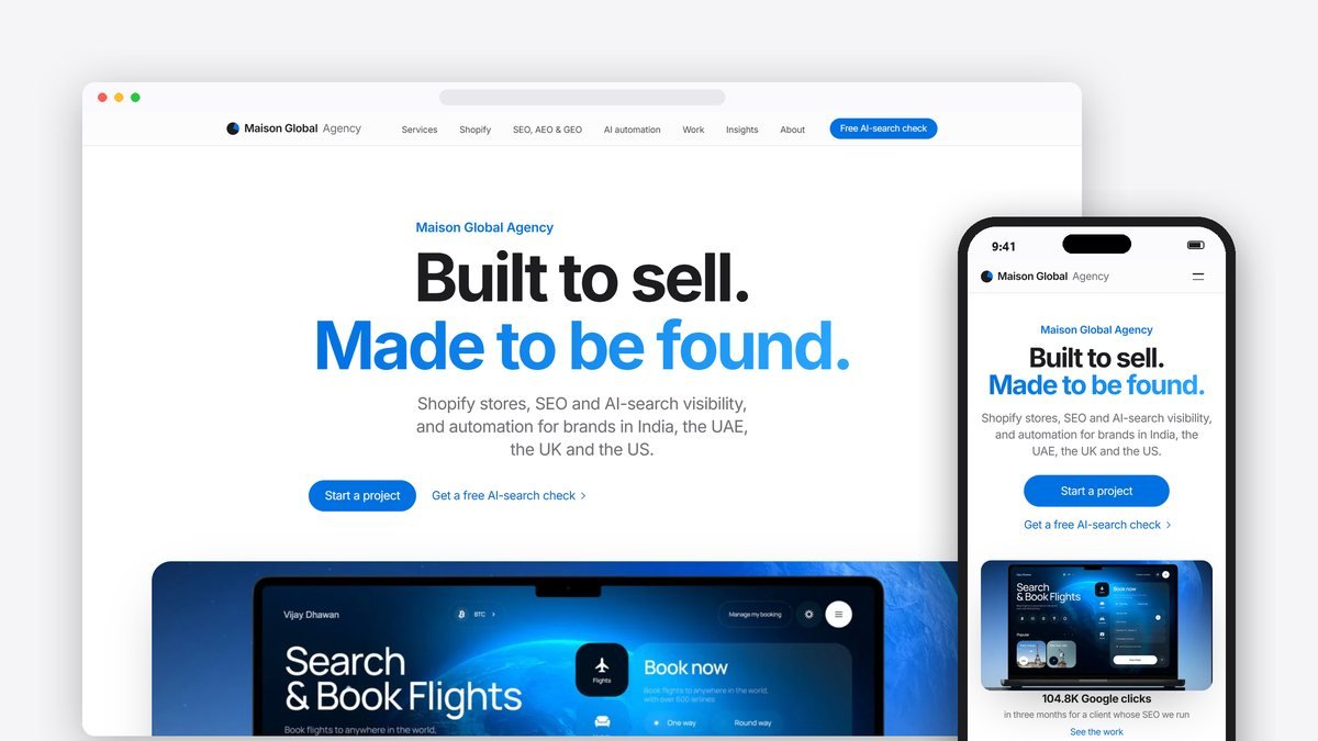maisonglobalagency.com on a desktop browser and an iPhone, built as a coded WordPress block theme